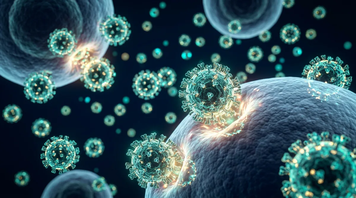 Abstract scientific visualization of Epstein-Barr virus particles interacting with immune B-cells, illustrating chronic EBV and immune surveillance