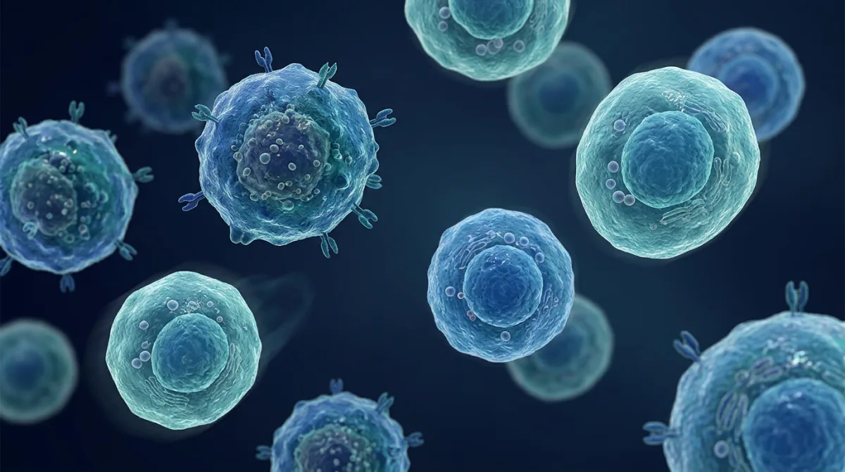 Microscopic-style visualization of cytotoxic T-cells and natural killer cells patrolling among lymphocytes, representing immune surveillance of EBV-infected cells