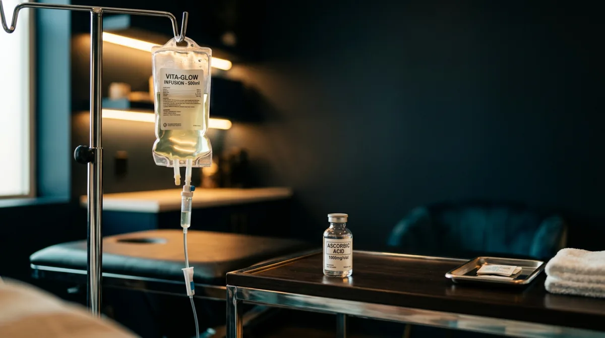 IV vitamin therapy drip bag and vial in a modern functional medicine clinic, representing high-dose intravenous vitamin C for EBV support
