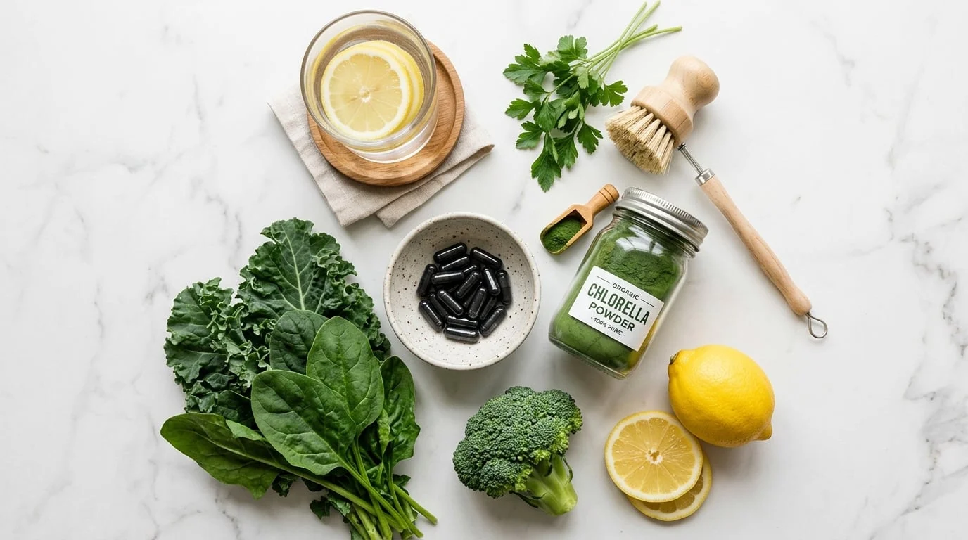 Natural detoxification supplements including activated charcoal binders, chlorella, and fresh vegetables used in functional medicine mold illness recovery