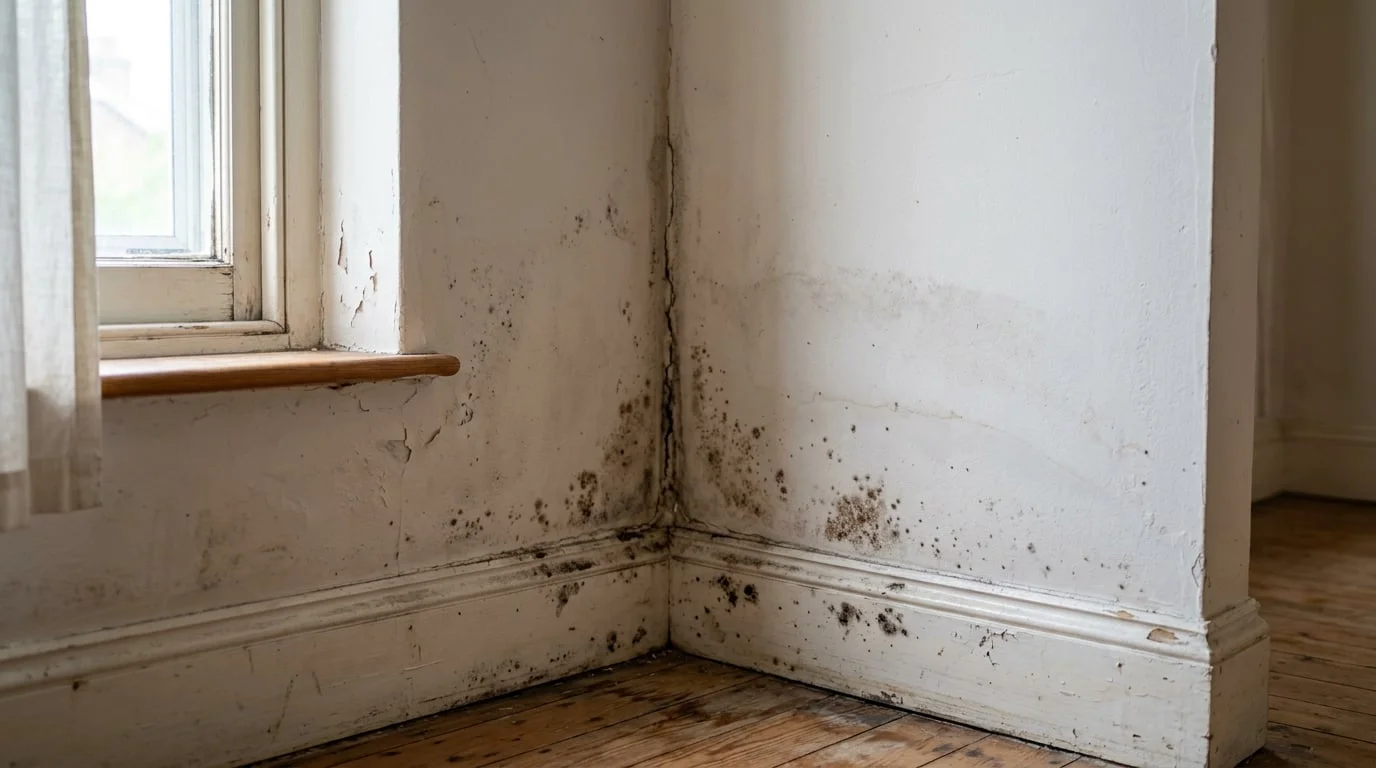 Water-damaged wall corner showing early mold growth, a common source of hidden indoor mold contamination