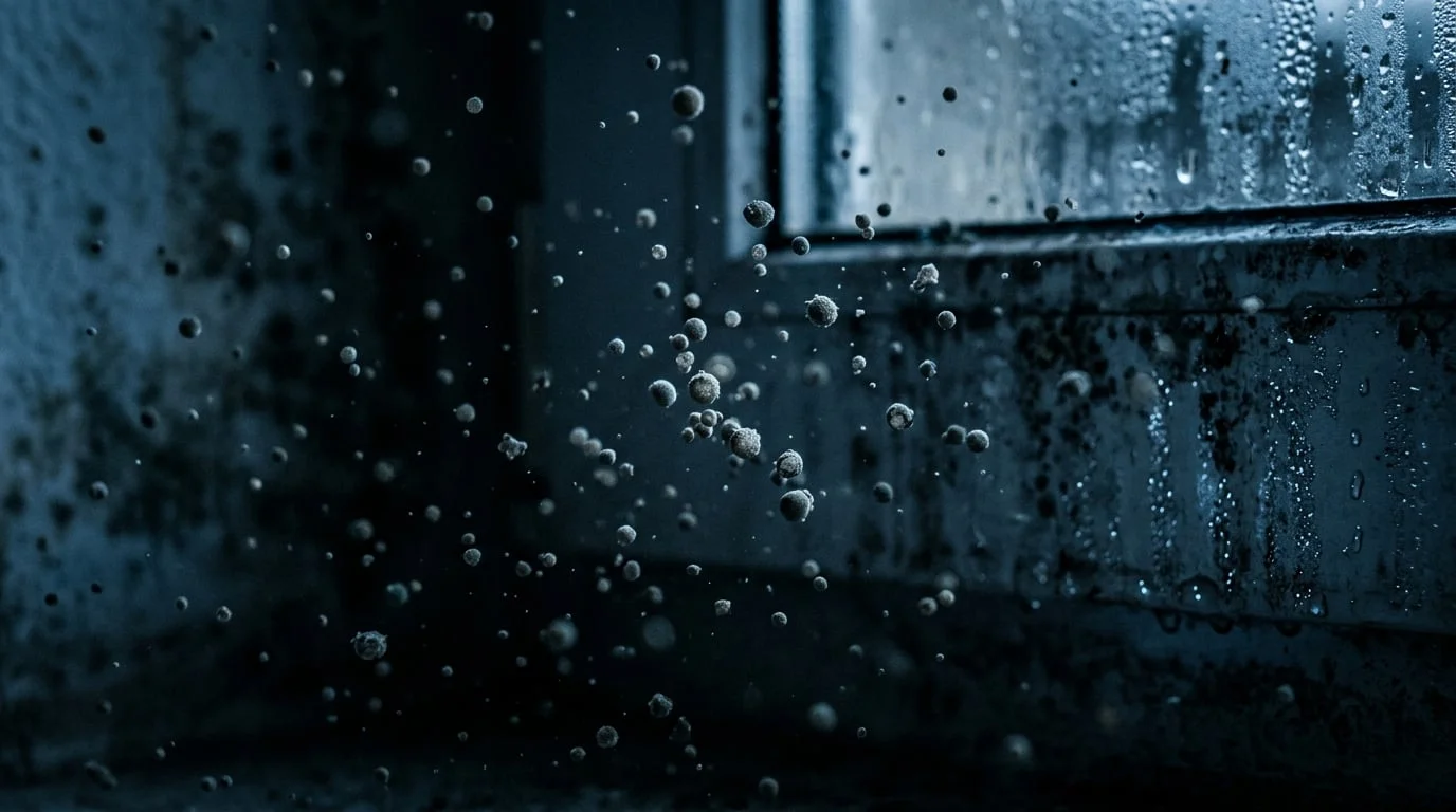 Microscopic mold spores floating in damp indoor air, illustrating the hidden danger of mold toxicity and mycotoxin exposure
