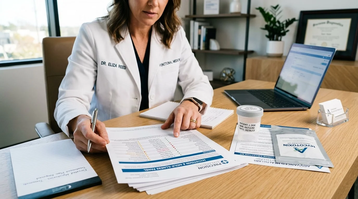 Functional medicine practitioner reviewing mycotoxin urine test results for mold toxicity diagnosis